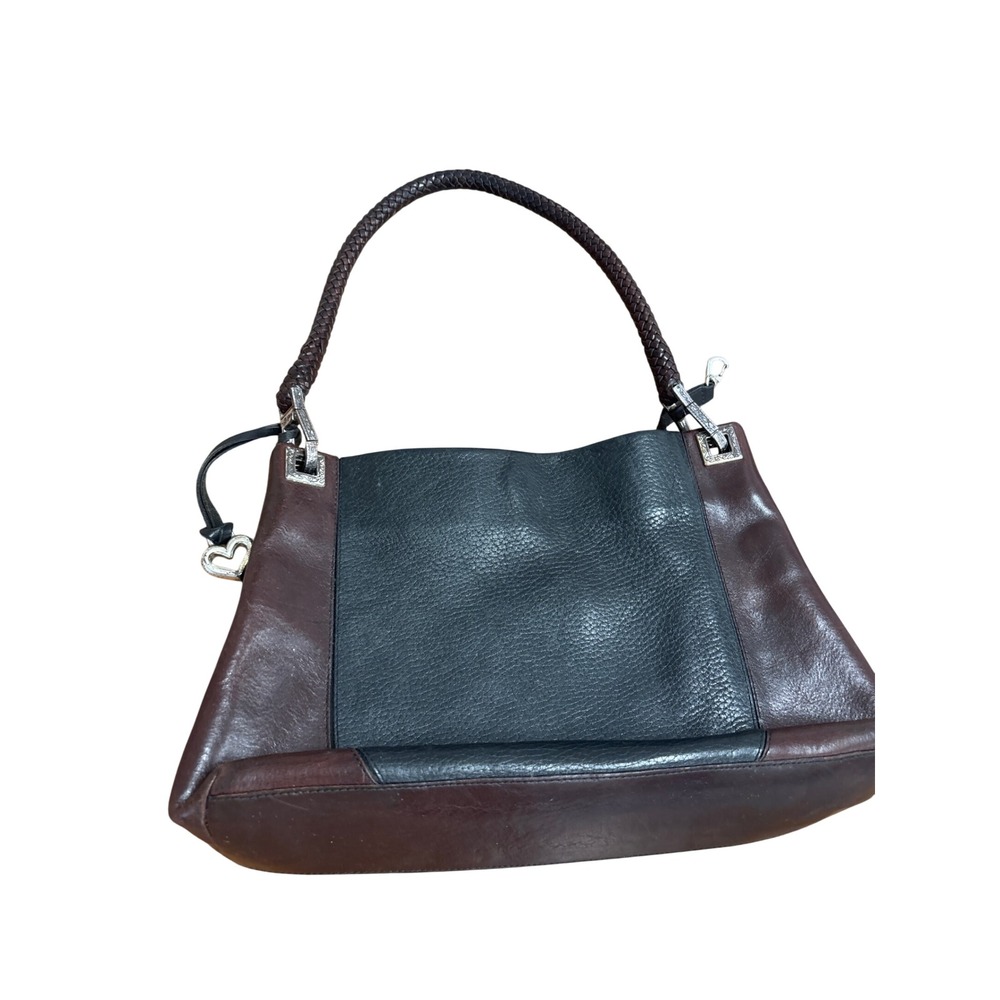 Brighton Leather Shoulder Bag Black Brown Braided Strap Silver Heart Fob Hobo